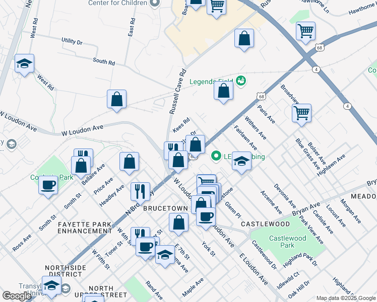 map of restaurants, bars, coffee shops, grocery stores, and more near 905 North Broadway in Lexington