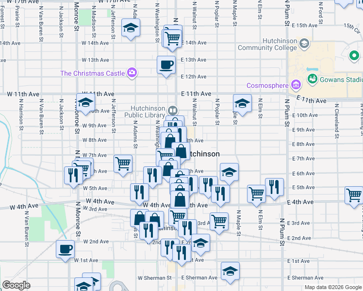 map of restaurants, bars, coffee shops, grocery stores, and more near 713 North Main Street in Hutchinson