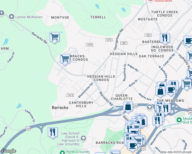 map of restaurants, bars, coffee shops, grocery stores, and more near 120 Hessian Hills Ridge in Charlottesville