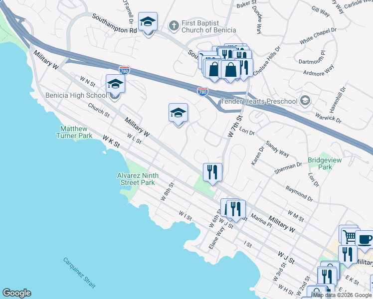 map of restaurants, bars, coffee shops, grocery stores, and more near 1312 Drolette Way in Benicia
