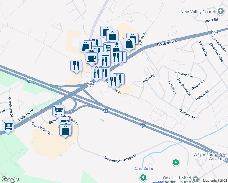 map of restaurants, bars, coffee shops, grocery stores, and more near 23 Windigrove Drive in Waynesboro