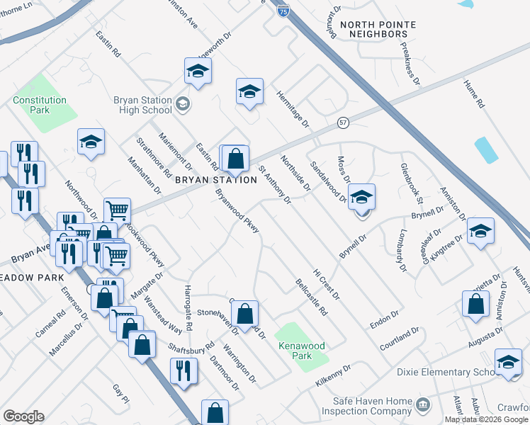 map of restaurants, bars, coffee shops, grocery stores, and more near 509 Bryanwood Parkway in Lexington