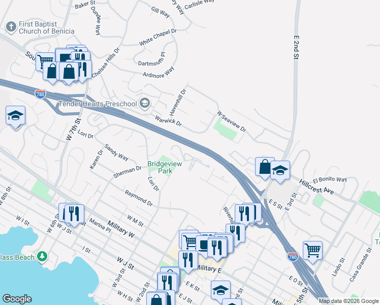 map of restaurants, bars, coffee shops, grocery stores, and more near 1895 Shirley Drive in Benicia