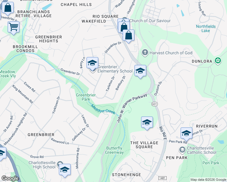 map of restaurants, bars, coffee shops, grocery stores, and more near 2211 Banbury St in Charlottesville