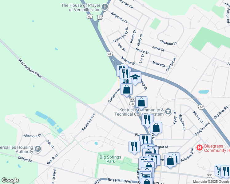 map of restaurants, bars, coffee shops, grocery stores, and more near 195 Virginia Avenue in Versailles