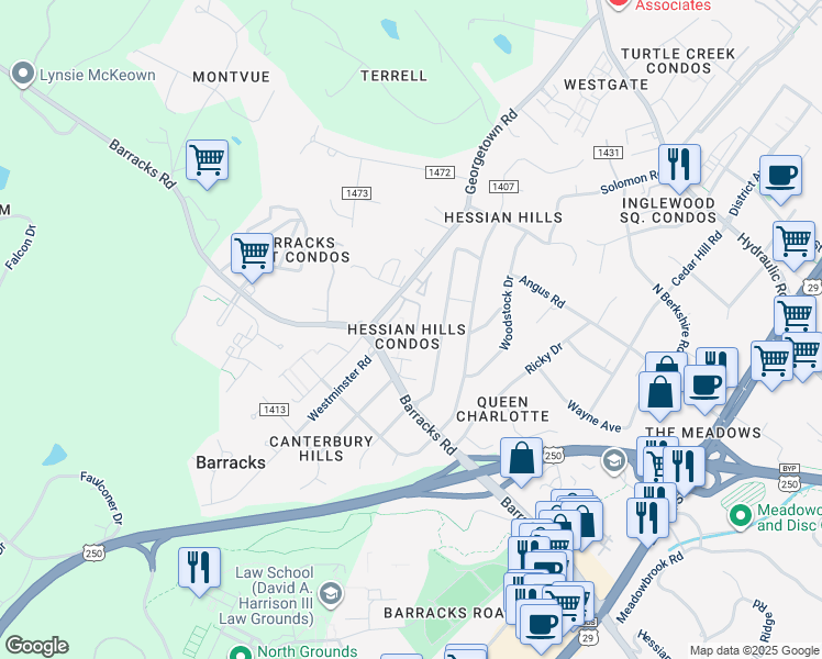 map of restaurants, bars, coffee shops, grocery stores, and more near 157 Hessian Hills Way in Charlottesville