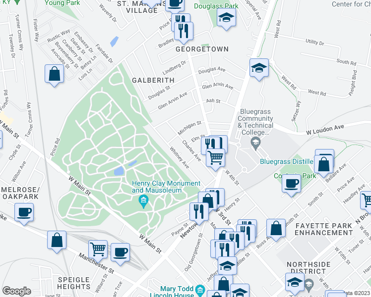 map of restaurants, bars, coffee shops, grocery stores, and more near 828 Charles Avenue in Lexington