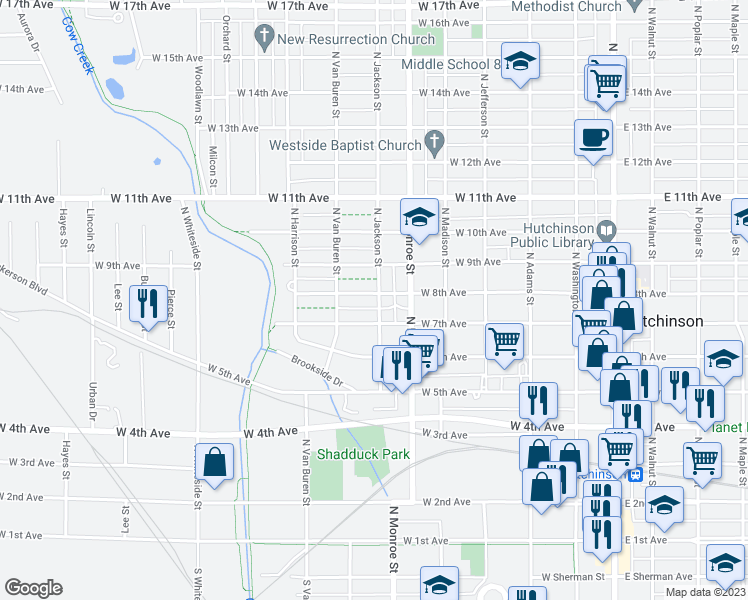 map of restaurants, bars, coffee shops, grocery stores, and more near 601 West 8th Avenue in Hutchinson