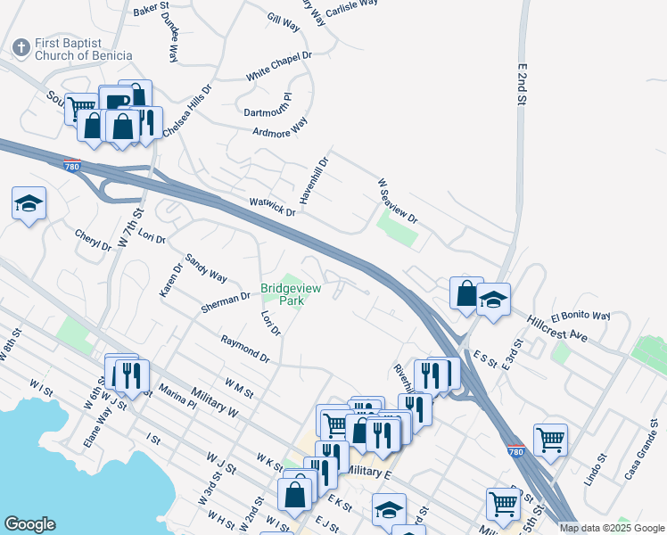 map of restaurants, bars, coffee shops, grocery stores, and more near 1895 Shirley Drive in Benicia