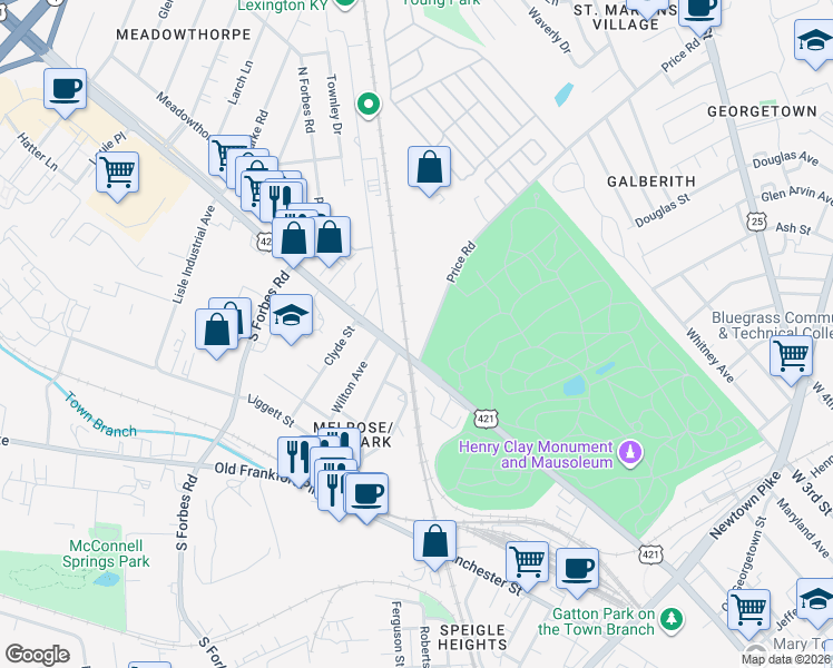 map of restaurants, bars, coffee shops, grocery stores, and more near 201 Price Road in Lexington