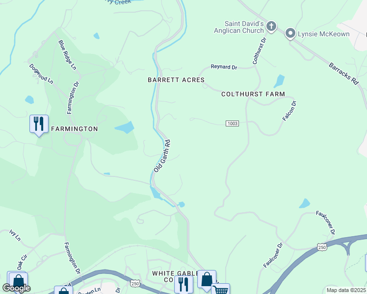 map of restaurants, bars, coffee shops, grocery stores, and more near 927 Old Garth Road in Charlottesville