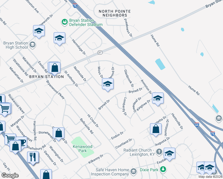 map of restaurants, bars, coffee shops, grocery stores, and more near 1919 Brynell Drive in Lexington