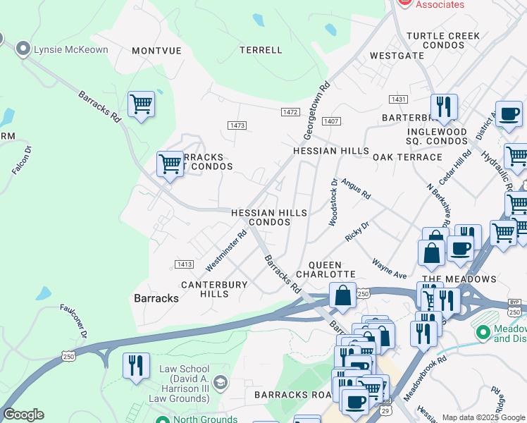 map of restaurants, bars, coffee shops, grocery stores, and more near 134 Hessian Hills Circle in Charlottesville