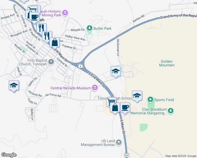 map of restaurants, bars, coffee shops, grocery stores, and more near Logan Field Road in Tonopah