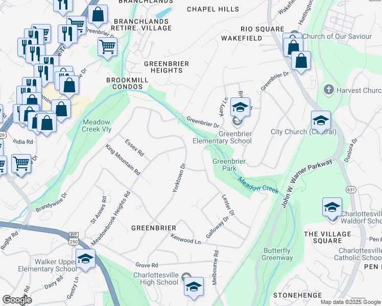 map of restaurants, bars, coffee shops, grocery stores, and more near 1729 Yorktown Drive in Charlottesville