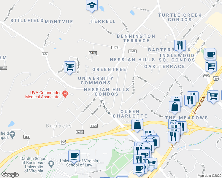 map of restaurants, bars, coffee shops, grocery stores, and more near 121 West Park Drive in Charlottesville