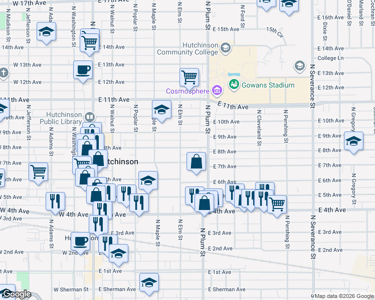 map of restaurants, bars, coffee shops, grocery stores, and more near 705 North Elm Street in Hutchinson