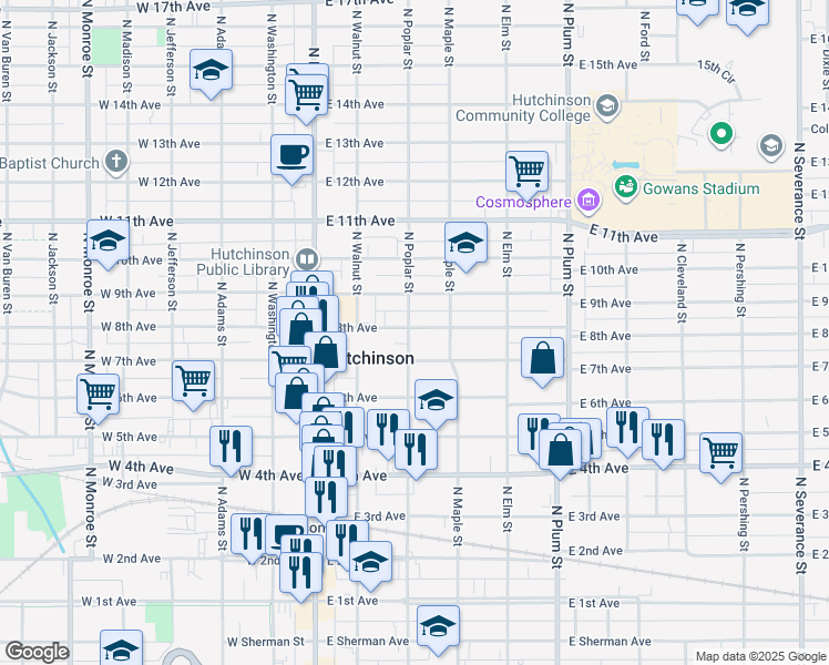 map of restaurants, bars, coffee shops, grocery stores, and more near 208 East 7th Avenue in Hutchinson