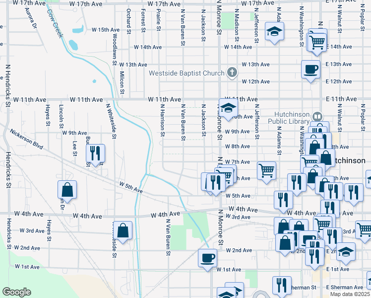 map of restaurants, bars, coffee shops, grocery stores, and more near 700 West 7th Avenue in Hutchinson