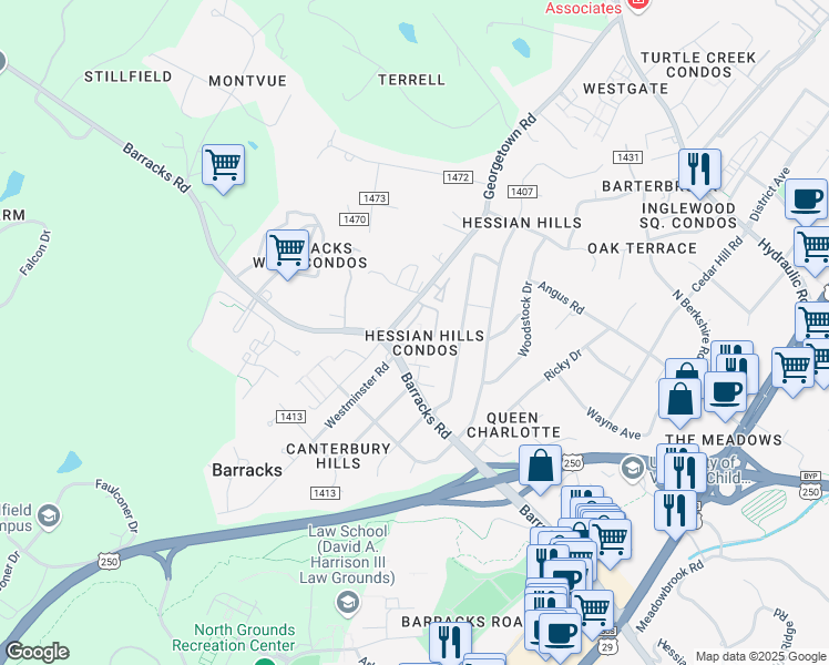 map of restaurants, bars, coffee shops, grocery stores, and more near 134 Hessian Hills Circle in Charlottesville