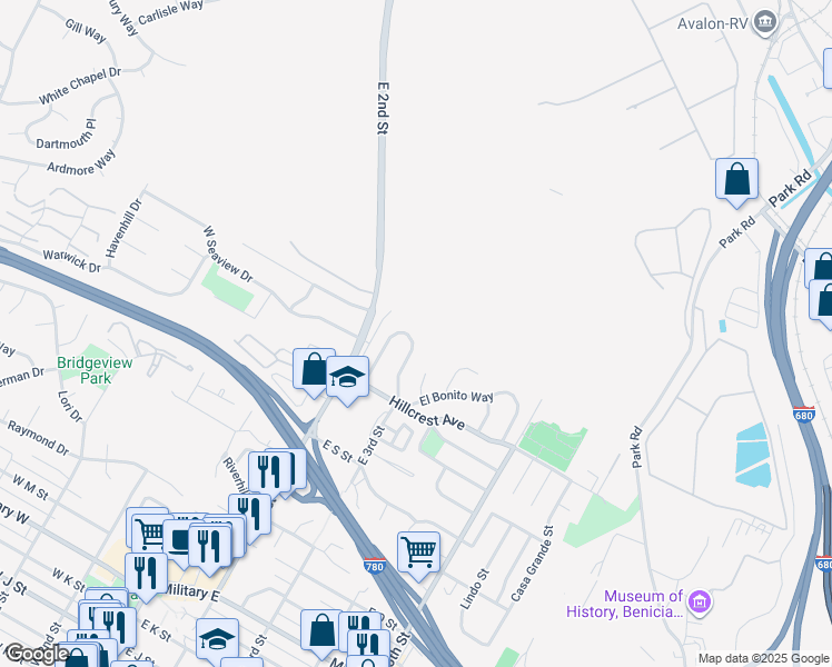 map of restaurants, bars, coffee shops, grocery stores, and more near 37 La Cruz Avenue in Benicia