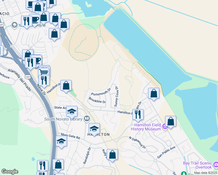 map of restaurants, bars, coffee shops, grocery stores, and more near 63 Portsmouth Drive in Novato