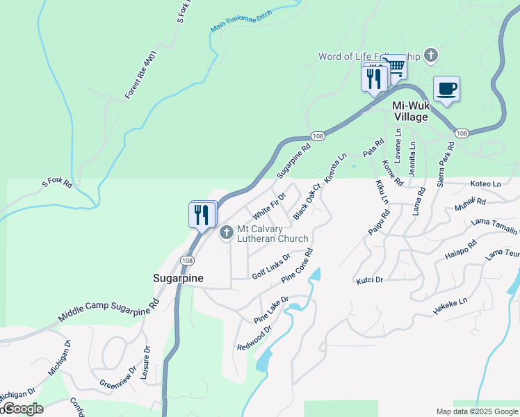 map of restaurants, bars, coffee shops, grocery stores, and more near 24215 White Fir Drive in Twain Harte