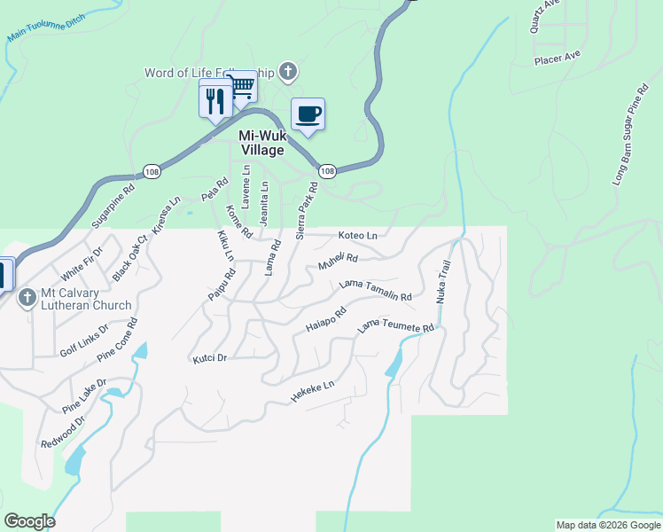 map of restaurants, bars, coffee shops, grocery stores, and more near 20701 Muheli Road in Mi-Wuk Village