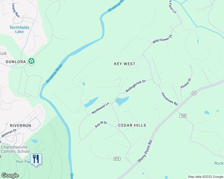 map of restaurants, bars, coffee shops, grocery stores, and more near 102 Wendover Lane in Charlottesville