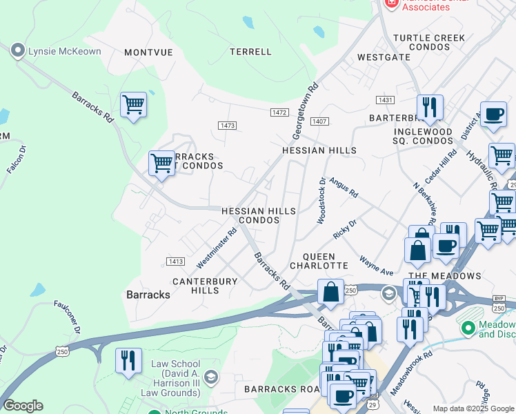 map of restaurants, bars, coffee shops, grocery stores, and more near 117 Hessian Hills Ridge in Charlottesville