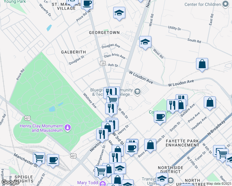 map of restaurants, bars, coffee shops, grocery stores, and more near 436 Georgetown Street in Lexington