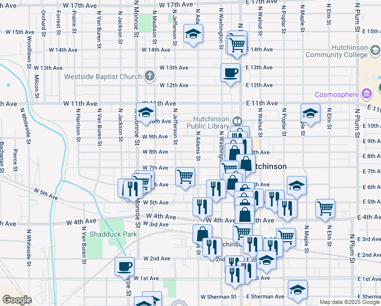 map of restaurants, bars, coffee shops, grocery stores, and more near 212 West 7th Avenue in Hutchinson