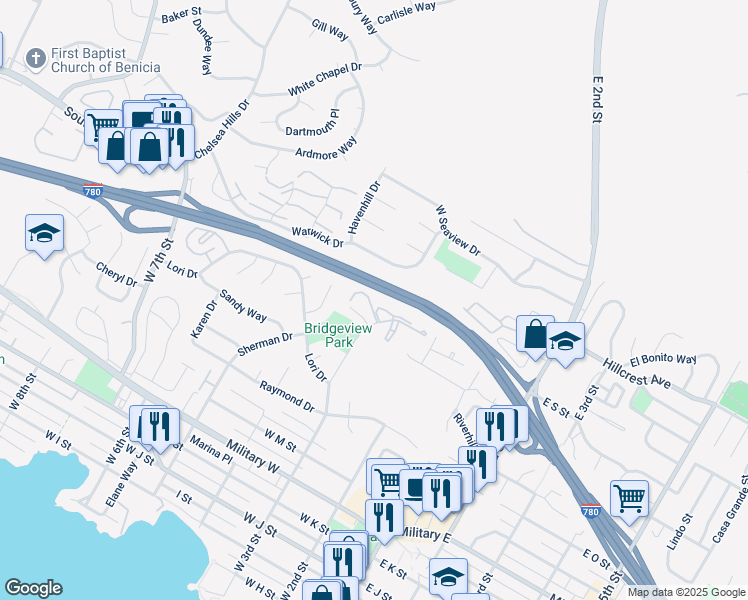map of restaurants, bars, coffee shops, grocery stores, and more near 1895 Shirley Drive in Benicia