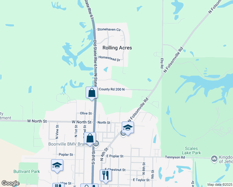 map of restaurants, bars, coffee shops, grocery stores, and more near 1377 County Road 200 North in Boonville