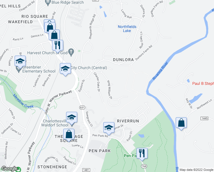 map of restaurants, bars, coffee shops, grocery stores, and more near 912 King William Drive in Charlottesville