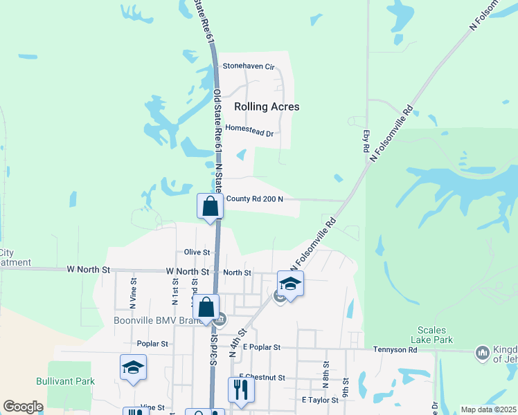 map of restaurants, bars, coffee shops, grocery stores, and more near 1377 County Road 200 North in Boonville