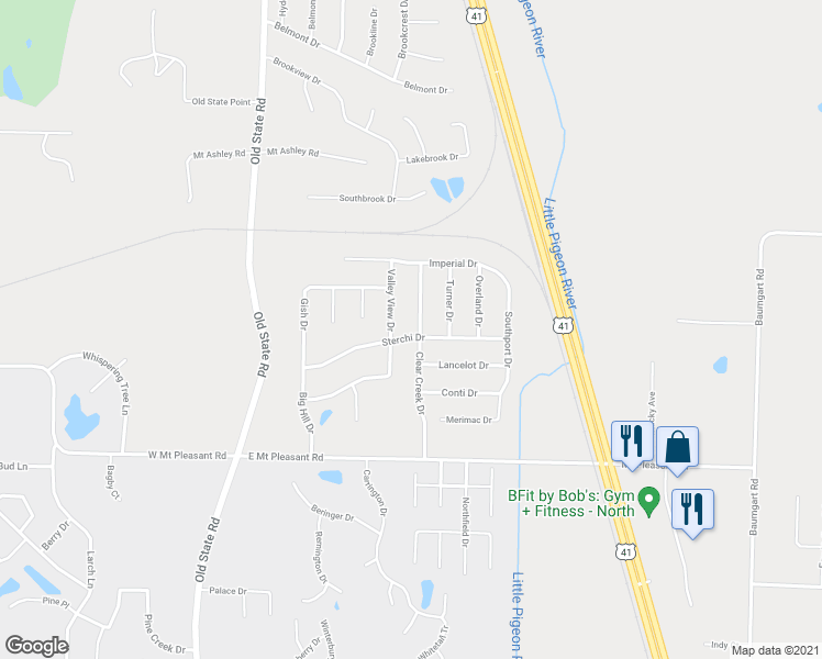 map of restaurants, bars, coffee shops, grocery stores, and more near 9120 Clear Creek Drive in Evansville