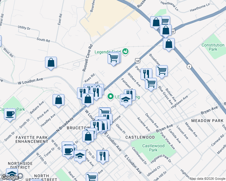 map of restaurants, bars, coffee shops, grocery stores, and more near 141 North Broadway Park in Lexington