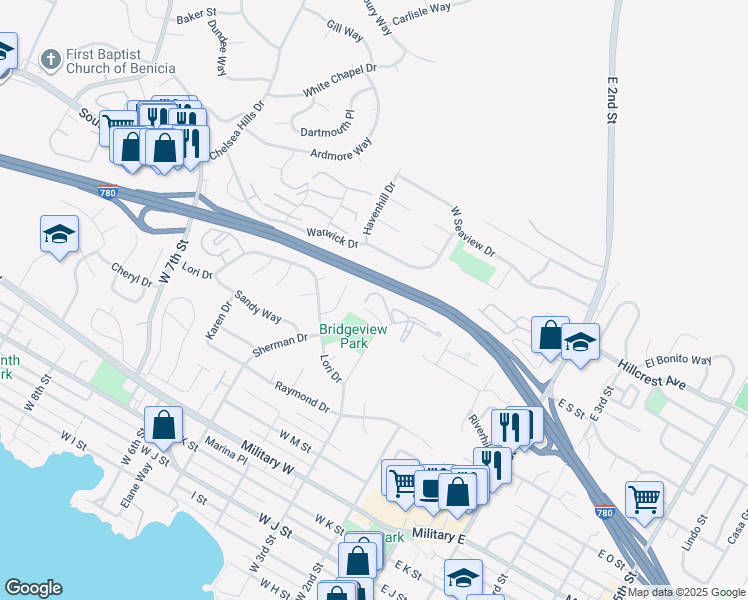 map of restaurants, bars, coffee shops, grocery stores, and more near 342 Blanchard Lane in Benicia