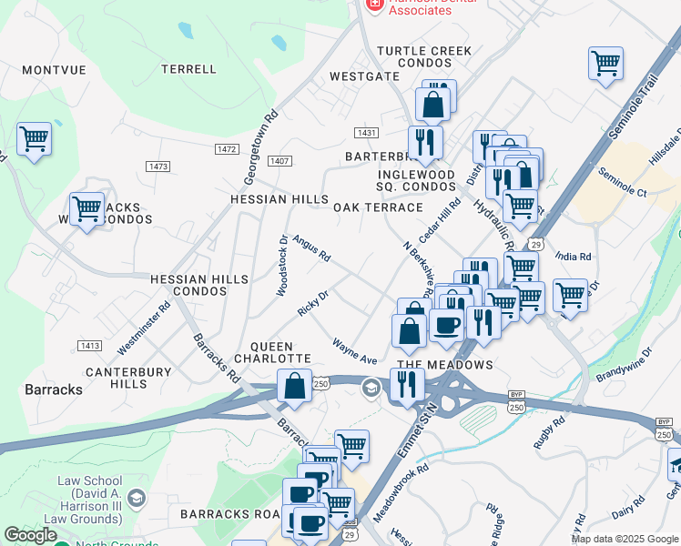 map of restaurants, bars, coffee shops, grocery stores, and more near 1616 Ricky Road in Charlottesville