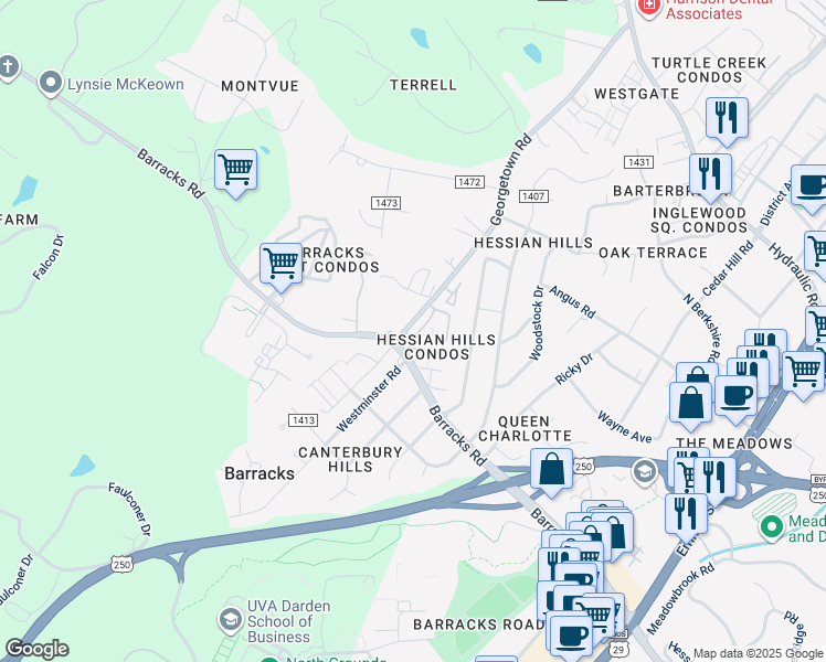 map of restaurants, bars, coffee shops, grocery stores, and more near 133 Hessian Hills Circle in Charlottesville