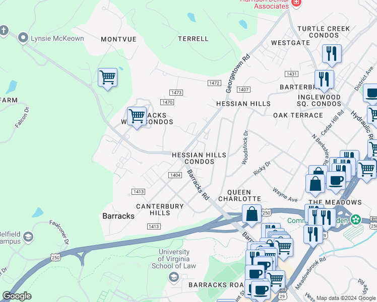 map of restaurants, bars, coffee shops, grocery stores, and more near 133 Hessian Hills Circle in Charlottesville