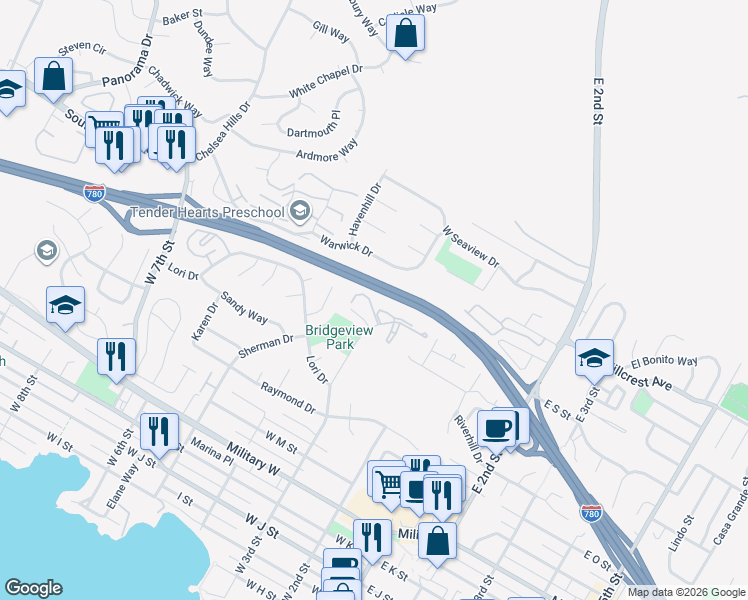 map of restaurants, bars, coffee shops, grocery stores, and more near 334 Warwick Drive in Benicia