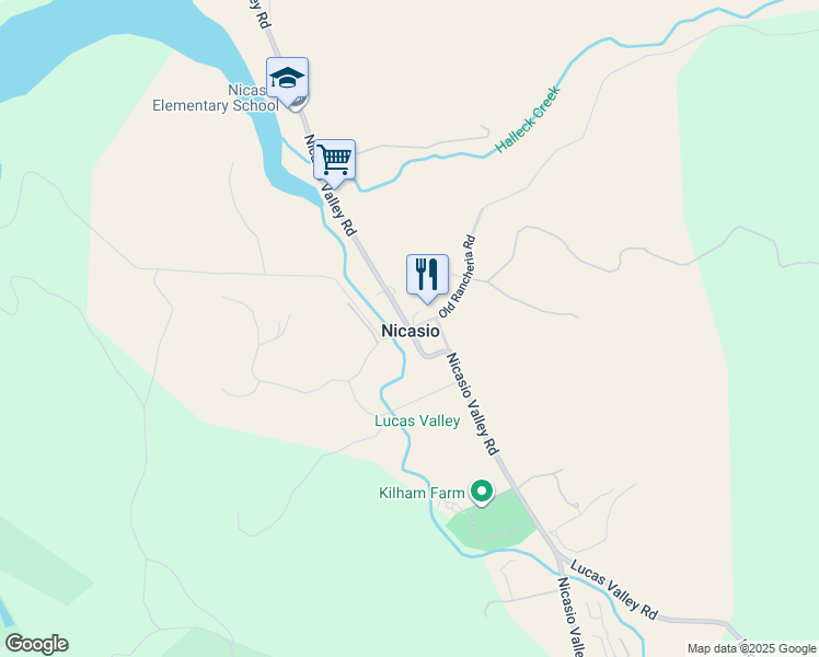 map of restaurants, bars, coffee shops, grocery stores, and more near 4748 Nicasio Valley Road in Nicasio