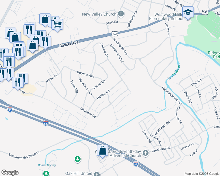 map of restaurants, bars, coffee shops, grocery stores, and more near 1223 Hollins Rd in Waynesboro