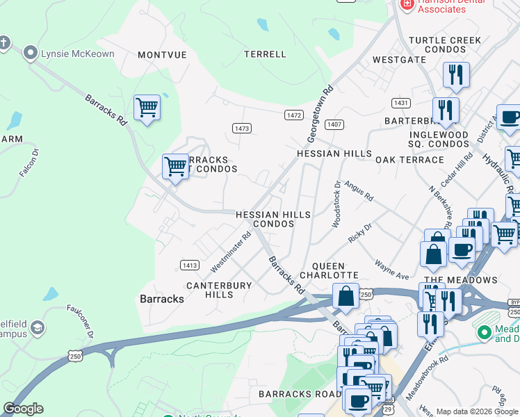 map of restaurants, bars, coffee shops, grocery stores, and more near 141 Hessian Hills Circle in Charlottesville