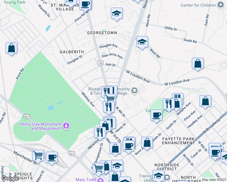 map of restaurants, bars, coffee shops, grocery stores, and more near 528 1/2 Bright Avenue in Lexington
