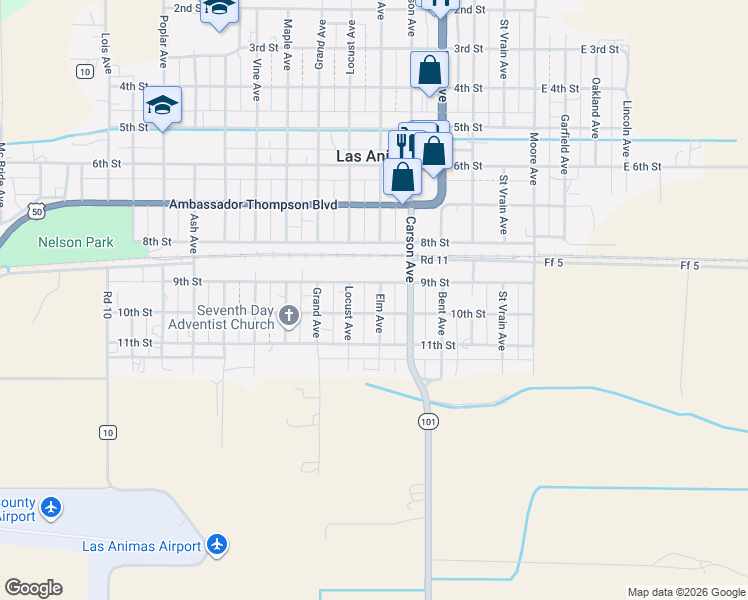 map of restaurants, bars, coffee shops, grocery stores, and more near 400-498 9th Street in Las Animas