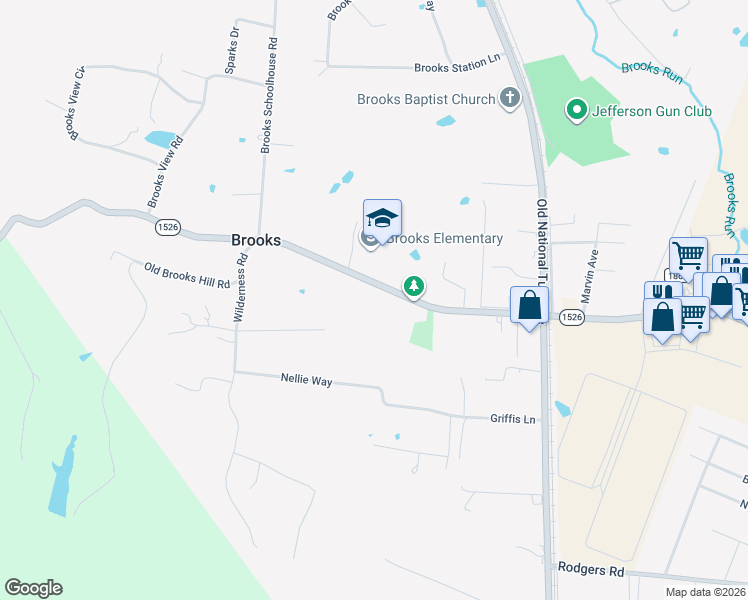 map of restaurants, bars, coffee shops, grocery stores, and more near 1371 Brooks Hill Road in Brooks