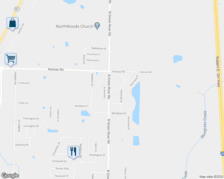 map of restaurants, bars, coffee shops, grocery stores, and more near 9242 Hedgewood Court in Evansville